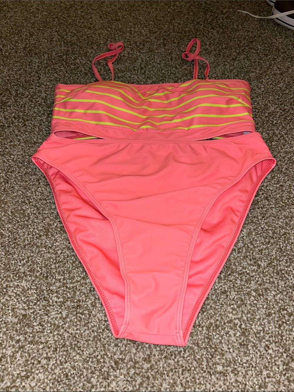 Pink Lily Coral Pink Two-Piece Bikini with Yellow Stripe Bandeau
